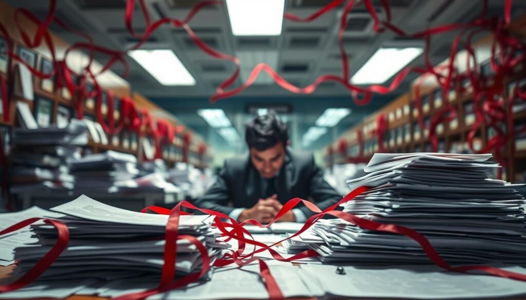 A bureaucratic maze of tangled red tape, overlapping regulations, and obscured contracts. In the foreground, a desk piled high with documents and papers, casting long shadows under harsh fluorescent lighting. In the middle ground, a businessperson sits hunched, brow furrowed, struggling to navigate the complex web of "inhabilidades" - legal impediments and restrictions governing public procurement. The background is a blurred landscape of government offices, with towering filing cabinets and imposing, monolithic architecture conveying the overwhelming scale and opacity of the system. The scene evokes a sense of frustration, bureaucratic inertia, and the challenges faced by Colombian businesses seeking legal guidance to overcome these common contractual hurdles. A bureaucratic maze of tangled red tape, overlapping regulations, and obscured contracts. In the foreground, a desk piled high with documents and papers, casting long shadows under harsh fluorescent lighting. In the middle ground, a businessperson sits hunched, brow furrowed, struggling to navigate the complex web of "inhabilidades" - legal impediments and restrictions governing public procurement. The background is a blurred landscape of government offices, with towering filing cabinets and imposing, monolithic architecture conveying the overwhelming scale and opacity of the system. The scene evokes a sense of frustration, bureaucratic inertia, and the challenges faced by Colombian businesses seeking legal guidance to overcome these common contractual hurdles.