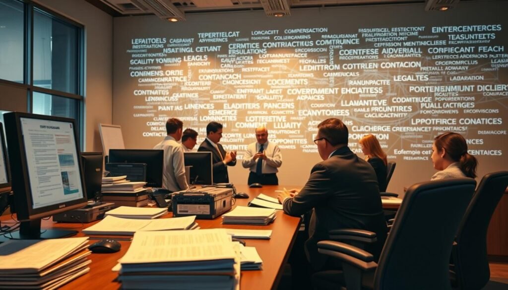 A bustling government contracting office, bathed in warm, ambient lighting. In the foreground, a desk with stacks of official documents and a computer monitor displaying tender guidelines. Middle ground features a team of public officials conferring, gesturing animatedly as they review procurement processes. The background showcases an intricate web of legal codes and compliance regulations, projected onto the wall, creating an atmosphere of complex bureaucracy. A sense of diligence and attention to detail pervades the scene, reflecting the challenges of navigating evolving public sector contracting rules. A bustling government contracting office, bathed in warm, ambient lighting. In the foreground, a desk with stacks of official documents and a computer monitor displaying tender guidelines. Middle ground features a team of public officials conferring, gesturing animatedly as they review procurement processes. The background showcases an intricate web of legal codes and compliance regulations, projected onto the wall, creating an atmosphere of complex bureaucracy. A sense of diligence and attention to detail pervades the scene, reflecting the challenges of navigating evolving public sector contracting rules.