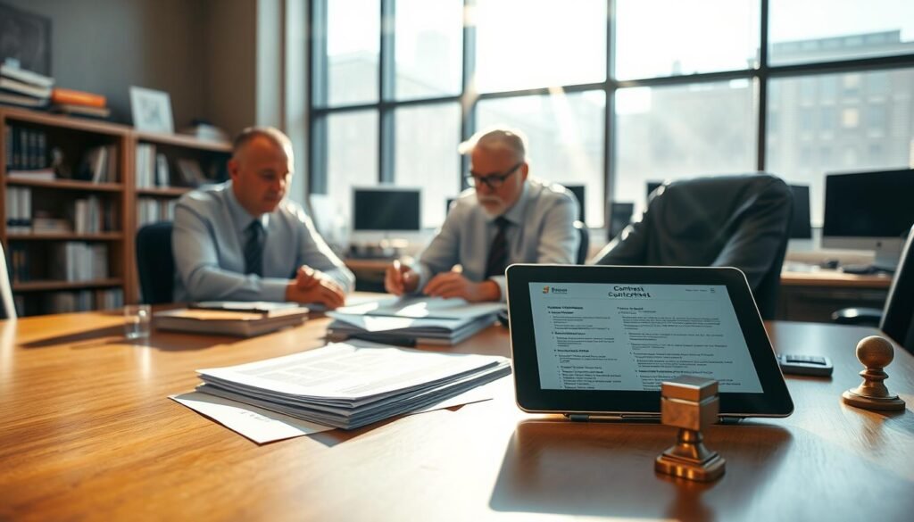 A bustling government office, sunlight filtering through large windows, illuminating a table where state officials review contract documents. In the foreground, a digital tablet displays technical specifications, while a stack of papers and a stamp signify the manual approval process. In the background, a bookshelf and computer monitors suggest the integration of digital tools in the contracting workflow. The mood is one of professionalism and efficiency, reflecting the transformative impact of technology on public sector processes.