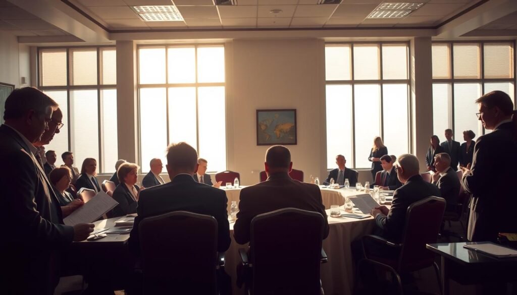 A bustling government office, sunlight streaming through large windows, illuminating an evaluation panel engaged in a rigorous selection process. In the foreground, officials scrutinize documents, their expressions serious as they assess the proposals before them. The middle ground features a conference table draped in a formal tablecloth, surrounded by chairs in a semicircle, creating an atmosphere of professional deliberation. In the background, the silhouettes of other administrative staff can be seen, underscoring the scale and importance of the state contracting procedures. The scene conveys a sense of gravity and diligence, as the panel works to ensure a fair and thorough evaluation of the competing bids. A bustling government office, sunlight streaming through large windows, illuminating an evaluation panel engaged in a rigorous selection process. In the foreground, officials scrutinize documents, their expressions serious as they assess the proposals before them. The middle ground features a conference table draped in a formal tablecloth, surrounded by chairs in a semicircle, creating an atmosphere of professional deliberation. In the background, the silhouettes of other administrative staff can be seen, underscoring the scale and importance of the state contracting procedures. The scene conveys a sense of gravity and diligence, as the panel works to ensure a fair and thorough evaluation of the competing bids.