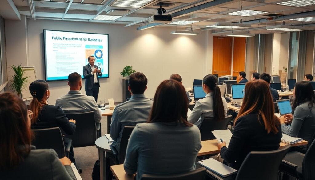 A bustling office environment, with professionals engaged in a training session on public procurement for businesses. The foreground features a group of attentive attendees, taking notes and listening intently to a presenter standing at the front of the room. The middle ground showcases a large presentation screen displaying relevant information, while the background depicts an array of desks, computers, and other office equipment, conveying a sense of a productive and collaborative workspace. Soft, warm lighting illuminates the scene, creating a welcoming and educational atmosphere. The composition is captured from a slightly elevated angle, allowing the viewer to observe the dynamic interaction between the presenter and the participants. A bustling office environment, with professionals engaged in a training session on public procurement for businesses. The foreground features a group of attentive attendees, taking notes and listening intently to a presenter standing at the front of the room. The middle ground showcases a large presentation screen displaying relevant information, while the background depicts an array of desks, computers, and other office equipment, conveying a sense of a productive and collaborative workspace. Soft, warm lighting illuminates the scene, creating a welcoming and educational atmosphere. The composition is captured from a slightly elevated angle, allowing the viewer to observe the dynamic interaction between the presenter and the participants.