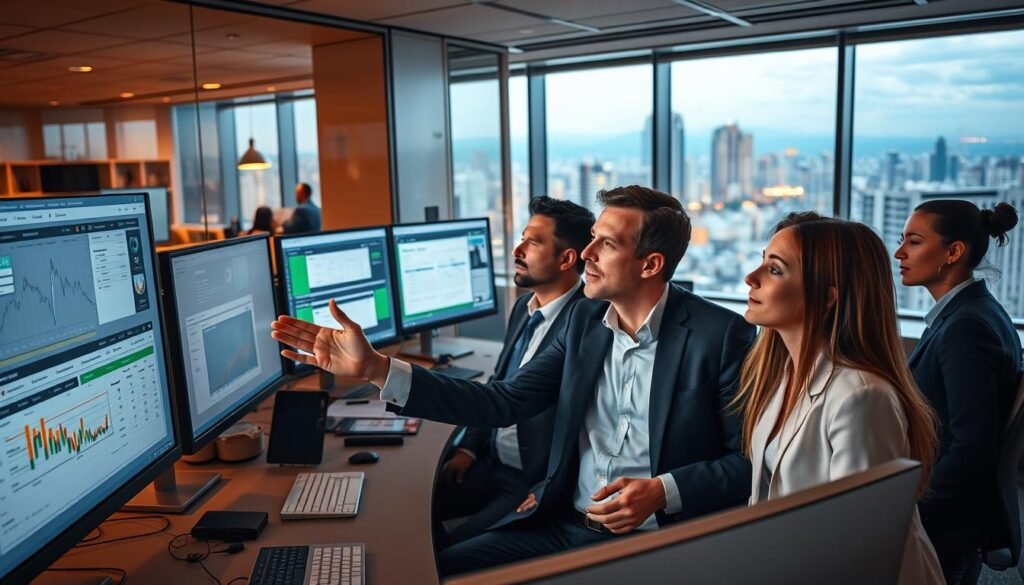 A bustling office scene depicting a team of opportunity scouting consultants meticulously analyzing government procurement data on a series of large, high-resolution displays. Warm lighting casts a professional glow over the space, with sleek, modern furniture and equipment arranged in an organized, efficient layout. In the foreground, a consultant gestures animatedly while discussing findings with colleagues, their faces expressing a focused determination to uncover the most promising licitaciones públicas opportunities for their clients. The background reveals a panoramic view of the Bogotá skyline, hinting at the wide-ranging scope of the consultancy's services across Colombia.