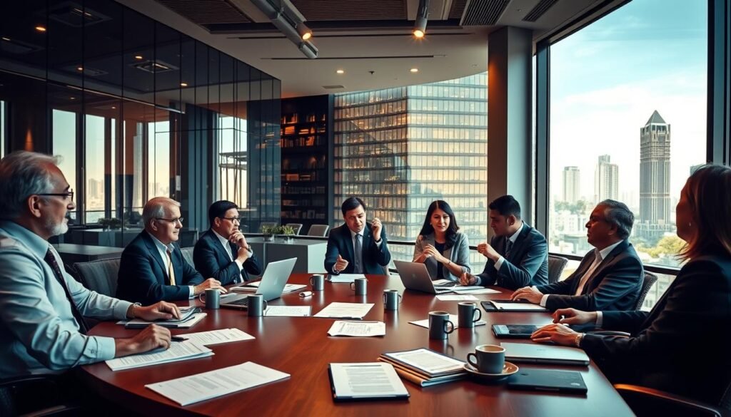 A bustling office setting with government officials, lawyers, and business executives engaged in a compliance meeting. The foreground features a large conference table with various documents, laptops, and coffee mugs, conveying a sense of serious deliberation. The middle ground showcases the professionals in formal attire, gesturing and discussing intently. The background depicts modern Colombian architecture, with sleek glass facades and city skyline visible through the windows, emphasizing the local context. Warm, yet professional lighting illuminates the scene, casting subtle shadows and creating a mood of thoughtful collaboration. The overall composition conveys the essence of public sector compliance advisory tailored to the realities of Colombian contracting. A bustling office setting with government officials, lawyers, and business executives engaged in a compliance meeting. The foreground features a large conference table with various documents, laptops, and coffee mugs, conveying a sense of serious deliberation. The middle ground showcases the professionals in formal attire, gesturing and discussing intently. The background depicts modern Colombian architecture, with sleek glass facades and city skyline visible through the windows, emphasizing the local context. Warm, yet professional lighting illuminates the scene, casting subtle shadows and creating a mood of thoughtful collaboration. The overall composition conveys the essence of public sector compliance advisory tailored to the realities of Colombian contracting.