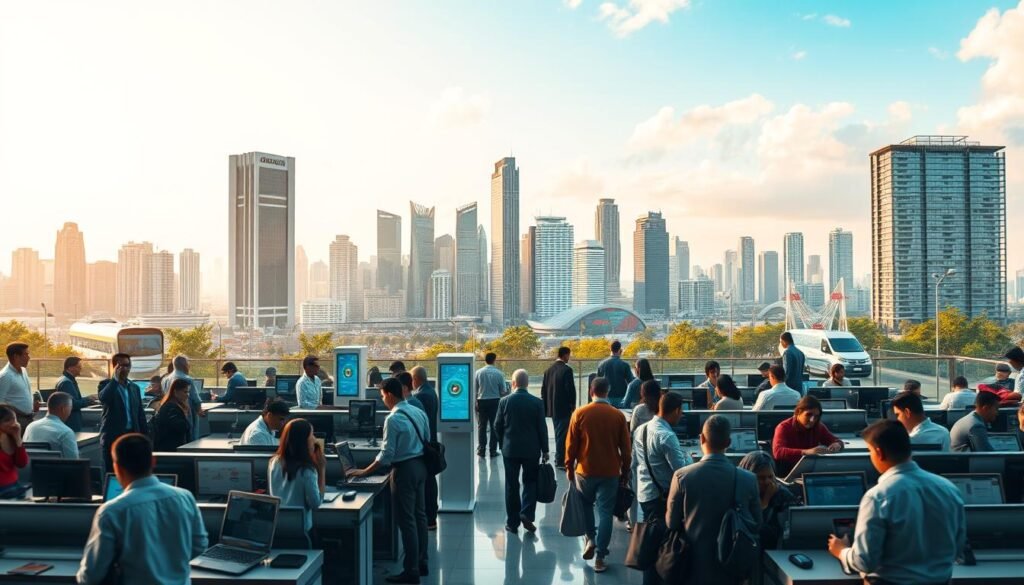 A bustling scene of government services, set against the backdrop of a modern city skyline. In the foreground, citizens navigate a maze of desks and counters, interacting with attentive public officials. The middle ground showcases sleek, digital kiosks and interactive displays, hinting at the integration of technology. In the distance, towering skyscrapers and a vibrant, diverse urban landscape convey the dynamic nature of Colombia's public sector transformation. Warm, diffused lighting sets a tone of efficiency and progress, while a sense of fluid motion and purpose permeates the scene, reflecting the country's drive towards digital modernization.