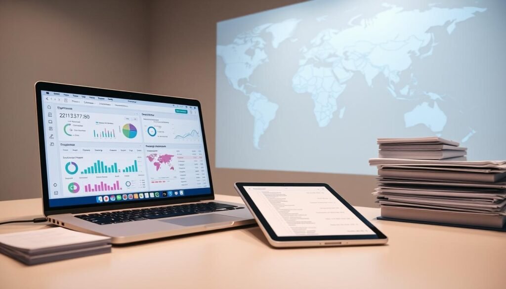 A clean and minimalist desktop scene, with a laptop computer, a tablet, and stacks of documents and files. The laptop screen displays a dashboard with data visualizations, charts, and analytics related to due diligence and compliance. The tablet shows a detailed list of entities, organizations, and individuals being evaluated. In the background, a large, high-resolution world map is projected onto the wall, highlighting regions and countries relevant to the due diligence process. Soft, diffused lighting creates a professional and focused atmosphere, emphasizing the importance of the data and decision-making involved in public sector contracting compliance. A clean and minimalist desktop scene, with a laptop computer, a tablet, and stacks of documents and files. The laptop screen displays a dashboard with data visualizations, charts, and analytics related to due diligence and compliance. The tablet shows a detailed list of entities, organizations, and individuals being evaluated. In the background, a large, high-resolution world map is projected onto the wall, highlighting regions and countries relevant to the due diligence process. Soft, diffused lighting creates a professional and focused atmosphere, emphasizing the importance of the data and decision-making involved in public sector contracting compliance.