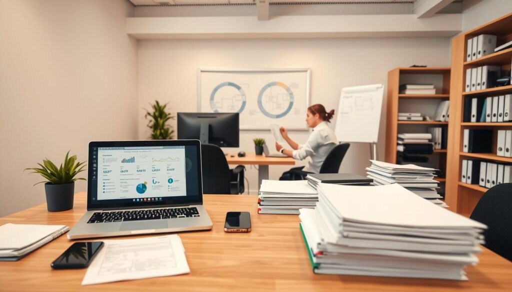 A clean, modern office environment with an array of digital devices and paperwork, representing the administrative digitalization process. In the foreground, a laptop displays workflow diagrams and analytics, surrounded by a neatly organized desk with a tablet, smartphone, and stacks of organized files. The middle ground features an employee reviewing documents on a desktop computer, while the background showcases a whiteboard with digital process schematics and a bookshelf with relevant administrative references. Warm, diffused lighting creates a professional, productive atmosphere, captured with a wide-angle lens to convey the comprehensive nature of the digitalization workflow. A clean, modern office environment with an array of digital devices and paperwork, representing the administrative digitalization process. In the foreground, a laptop displays workflow diagrams and analytics, surrounded by a neatly organized desk with a tablet, smartphone, and stacks of organized files. The middle ground features an employee reviewing documents on a desktop computer, while the background showcases a whiteboard with digital process schematics and a bookshelf with relevant administrative references. Warm, diffused lighting creates a professional, productive atmosphere, captured with a wide-angle lens to convey the comprehensive nature of the digitalization workflow.