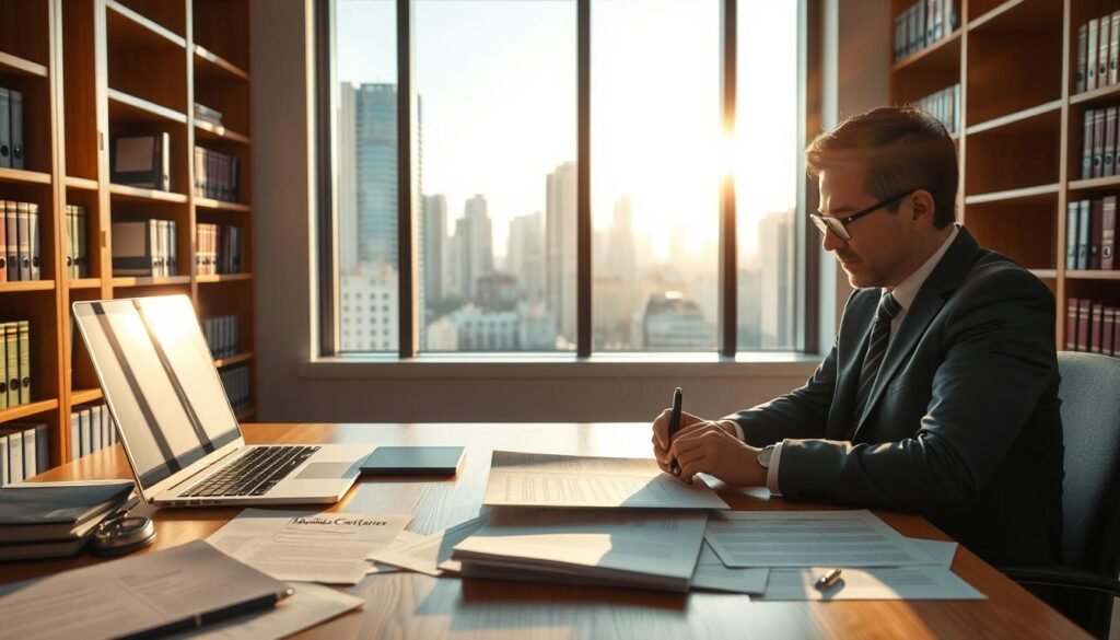 A clean, well-lit office interior with a wooden desk, laptop, and legal documents scattered across the surface. In the foreground, a person in a suit sits contemplatively, pen in hand, as they review a document titled "Medidas Cautelares". Behind them, a large window overlooking a bustling city skyline, bathed in the warm glow of the afternoon sun. Shelves lining the walls hold neatly organized binders and law books. The atmosphere conveys a sense of professionalism and thoughtful deliberation as the subject navigates the "Procedure at a Glance: Request, Opposition, Decision, and Effects" of the administrative process. A clean, well-lit office interior with a wooden desk, laptop, and legal documents scattered across the surface. In the foreground, a person in a suit sits contemplatively, pen in hand, as they review a document titled "Medidas Cautelares". Behind them, a large window overlooking a bustling city skyline, bathed in the warm glow of the afternoon sun. Shelves lining the walls hold neatly organized binders and law books. The atmosphere conveys a sense of professionalism and thoughtful deliberation as the subject navigates the "Procedure at a Glance: Request, Opposition, Decision, and Effects" of the administrative process.