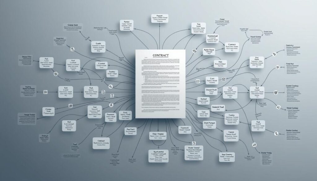 A complex, technical diagram depicting the intricate web of risk allocation in public works contracts. The foreground showcases a central contract document, surrounded by a network of interconnected nodes representing various stakeholders, risk factors, and mitigation strategies. The middle ground features detailed schematics, formulas, and legal terminology, conveying the legal and financial complexity of the topic. The background sets a muted, authoritative tone with a subtle gradient of grays and blues, evoking a sense of professionalism and institutional gravitas. Rendered in a clean, technical style with a focus on clarity and precision, the image aims to visually encapsulate the nuanced challenges of risk management in public infrastructure projects. A complex, technical diagram depicting the intricate web of risk allocation in public works contracts. The foreground showcases a central contract document, surrounded by a network of interconnected nodes representing various stakeholders, risk factors, and mitigation strategies. The middle ground features detailed schematics, formulas, and legal terminology, conveying the legal and financial complexity of the topic. The background sets a muted, authoritative tone with a subtle gradient of grays and blues, evoking a sense of professionalism and institutional gravitas. Rendered in a clean, technical style with a focus on clarity and precision, the image aims to visually encapsulate the nuanced challenges of risk management in public infrastructure projects.