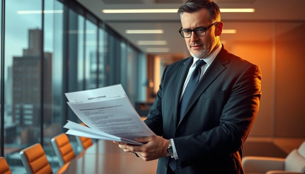 A corporate attorney standing confidently in a modern office, dressed in a sharp suit, reviewing a stack of legal documents related to government contracts and business supply agreements. The background features a sleek, glass-walled conference room, with a cityscape visible through the windows, conveying the professional, high-stakes environment in which the lawyer operates. Warm, directional lighting casts dramatic shadows, emphasizing the gravity of the lawyer's work. The overall scene radiates an aura of expertise, authority, and attention to detail, reflecting the lawyer's role as a trusted advisor to businesses navigating the complex legal landscape. A corporate attorney standing confidently in a modern office, dressed in a sharp suit, reviewing a stack of legal documents related to government contracts and business supply agreements. The background features a sleek, glass-walled conference room, with a cityscape visible through the windows, conveying the professional, high-stakes environment in which the lawyer operates. Warm, directional lighting casts dramatic shadows, emphasizing the gravity of the lawyer's work. The overall scene radiates an aura of expertise, authority, and attention to detail, reflecting the lawyer's role as a trusted advisor to businesses navigating the complex legal landscape.