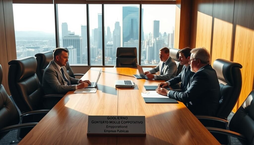 A corporate boardroom with an oak table, high-backed leather chairs, and a large window overlooking a bustling city skyline. Sunlight streams in, casting warm shadows across the polished surfaces. On the table, documents, laptops, and a nameplate that reads "Gobierno Corporativo Empresas Públicas". Executives in crisp suits discuss government contracts and regulations, their expressions serious yet focused. The atmosphere is one of professionalism and authority, reflecting the gravity of the decisions being made within these walls. A corporate boardroom with an oak table, high-backed leather chairs, and a large window overlooking a bustling city skyline. Sunlight streams in, casting warm shadows across the polished surfaces. On the table, documents, laptops, and a nameplate that reads "Gobierno Corporativo Empresas Públicas". Executives in crisp suits discuss government contracts and regulations, their expressions serious yet focused. The atmosphere is one of professionalism and authority, reflecting the gravity of the decisions being made within these walls.