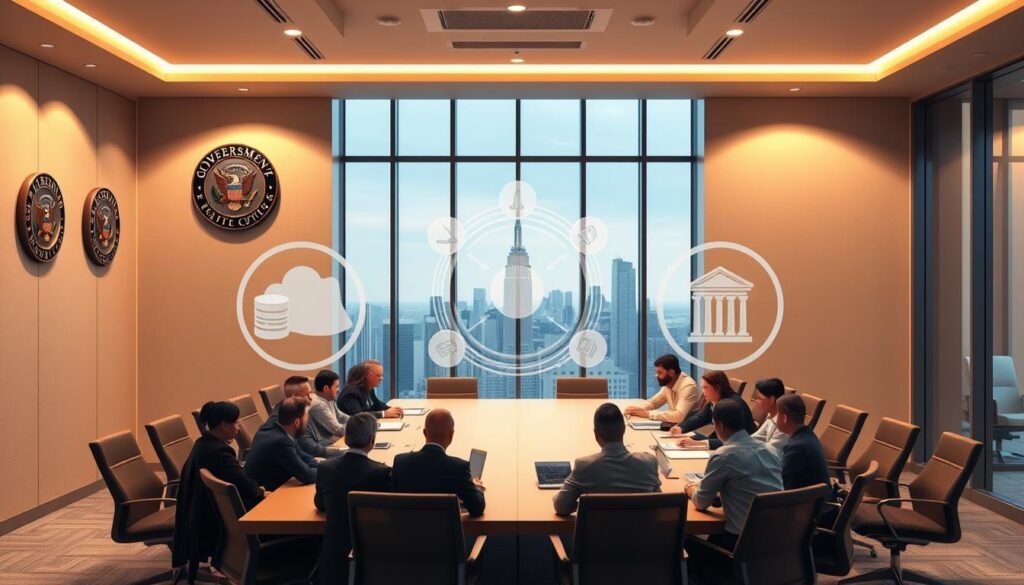 A corporate office interior with a large conference table, chairs, and government seals displayed on the wall. The lighting is warm and professional, with a sense of government transparency and compliance. In the foreground, a team of business executives and government officials are engaged in a meeting, discussing contract details and regulations. The middle ground features 3D rendered icons representing state procurement, regulatory frameworks, and auditing processes. The background showcases an urban skyline through floor-to-ceiling windows, symbolizing the broader economic and political context. The overall atmosphere conveys a sense of collaboration, accountability, and the intersection of private enterprise and public governance. A corporate office interior with a large conference table, chairs, and government seals displayed on the wall. The lighting is warm and professional, with a sense of government transparency and compliance. In the foreground, a team of business executives and government officials are engaged in a meeting, discussing contract details and regulations. The middle ground features 3D rendered icons representing state procurement, regulatory frameworks, and auditing processes. The background showcases an urban skyline through floor-to-ceiling windows, symbolizing the broader economic and political context. The overall atmosphere conveys a sense of collaboration, accountability, and the intersection of private enterprise and public governance.