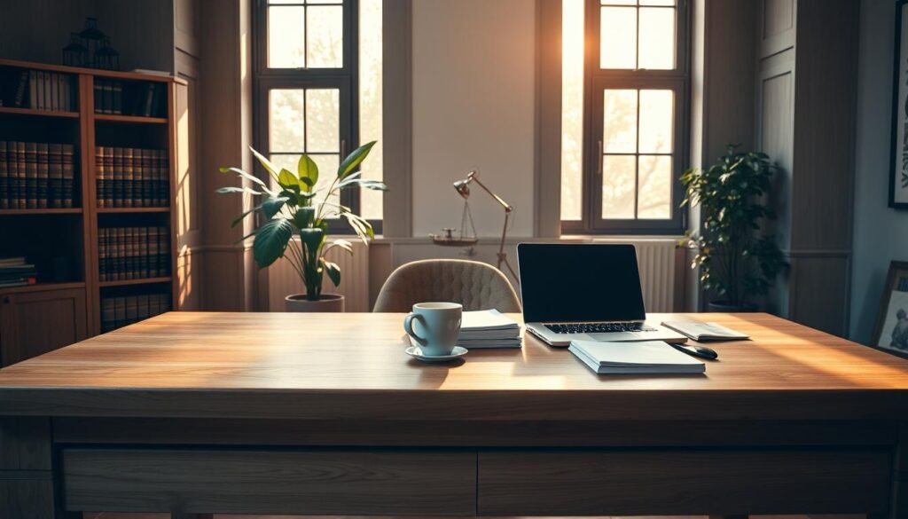 A cozy yet professional office scene, with a large oak desk in the foreground. On the desk, a laptop, a stack of files, and a cup of coffee. In the middle ground, a bookshelf filled with legal tomes, and a potted plant casting a soft shadow. The background features floor-to-ceiling windows, allowing natural light to stream in, illuminating the space with a warm, inviting glow. The overall atmosphere conveys a sense of security, organization, and expertise in data protection for businesses. A cozy yet professional office scene, with a large oak desk in the foreground. On the desk, a laptop, a stack of files, and a cup of coffee. In the middle ground, a bookshelf filled with legal tomes, and a potted plant casting a soft shadow. The background features floor-to-ceiling windows, allowing natural light to stream in, illuminating the space with a warm, inviting glow. The overall atmosphere conveys a sense of security, organization, and expertise in data protection for businesses.