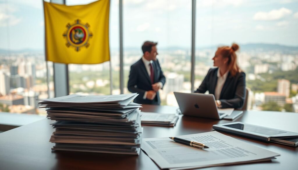 A crisp, professional image of due diligence in public procurement in Colombia. The foreground depicts a desk with stacks of documents, a laptop, and a pen, symbolizing the meticulous review process. The middle ground features two businesspeople in formal attire, engaged in a serious discussion, representing the collaboration and decision-making involved. The background showcases the Colombian flag and a panoramic view of a bustling city skyline, establishing the national context. The lighting is warm and focused, creating an atmosphere of concentration and professionalism. The camera angle is slightly elevated, providing an authoritative perspective on the scene. A crisp, professional image of due diligence in public procurement in Colombia. The foreground depicts a desk with stacks of documents, a laptop, and a pen, symbolizing the meticulous review process. The middle ground features two businesspeople in formal attire, engaged in a serious discussion, representing the collaboration and decision-making involved. The background showcases the Colombian flag and a panoramic view of a bustling city skyline, establishing the national context. The lighting is warm and focused, creating an atmosphere of concentration and professionalism. The camera angle is slightly elevated, providing an authoritative perspective on the scene.