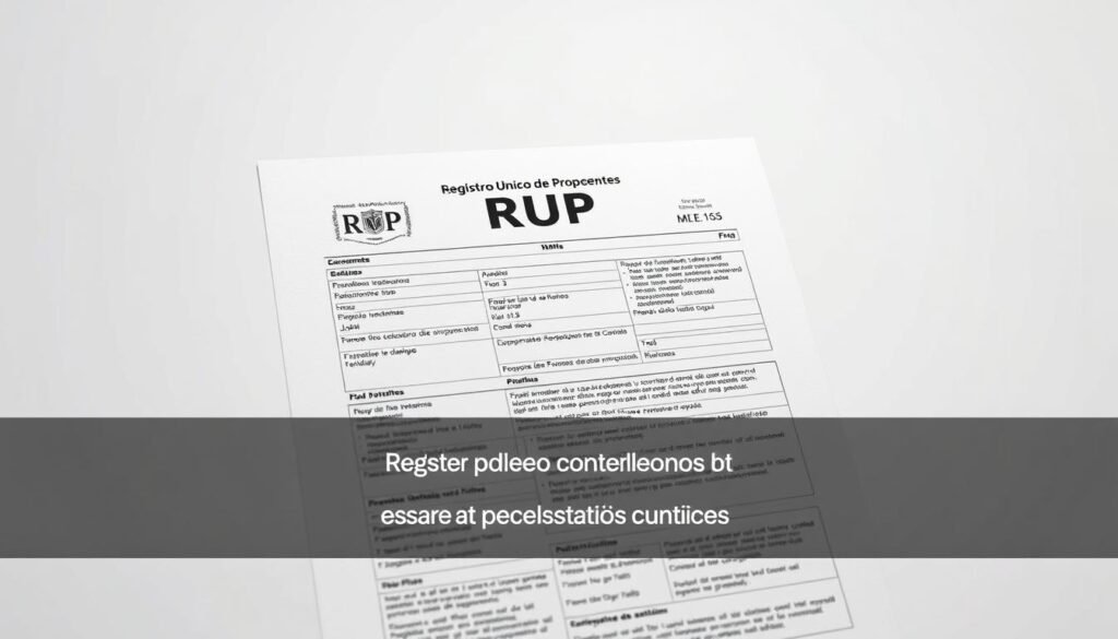 A detailed and technical image of the "Registro Único de Proponentes" (RUP) document, presented against a clean, minimalist background. The RUP should be the focal point, rendered with a high level of realism and attention to detail, showcasing its various sections and fields. The lighting should be soft and evenly distributed, highlighting the document's textures and creating a sense of professionalism and authenticity. The camera angle should be slightly angled, providing a clear and unobstructed view of the RUP. The overall mood should convey a sense of organization, efficiency, and the importance of the RUP in the context of Colombian state contracts.
