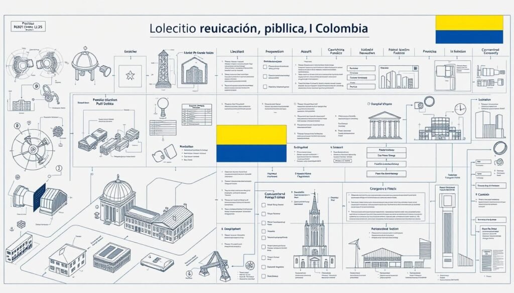 A detailed blueprint of public procurement requirements in Colombia, showcased through a meticulously designed technical illustration. Rendered in a muted, professional color palette, the image depicts a comprehensive schematic layout of the key elements and stages involved in the public bidding process. Precise engineering diagrams, technical schematics, and architectural renderings populate the foreground, conveying a sense of order and structured compliance. The middle ground features annotated checklists and flow charts, guiding the viewer through the intricate steps and documentation needed to participate in public tenders. In the background, a subtle backdrop of the Colombian flag subtly reinforces the national context. Crisp lighting and a clean, minimalist aesthetic combine to present a authoritative, informative visual guide to the "requisitos licitación pública Colombia". A detailed blueprint of public procurement requirements in Colombia, showcased through a meticulously designed technical illustration. Rendered in a muted, professional color palette, the image depicts a comprehensive schematic layout of the key elements and stages involved in the public bidding process. Precise engineering diagrams, technical schematics, and architectural renderings populate the foreground, conveying a sense of order and structured compliance. The middle ground features annotated checklists and flow charts, guiding the viewer through the intricate steps and documentation needed to participate in public tenders. In the background, a subtle backdrop of the Colombian flag subtly reinforces the national context. Crisp lighting and a clean, minimalist aesthetic combine to present a authoritative, informative visual guide to the "requisitos licitación pública Colombia".