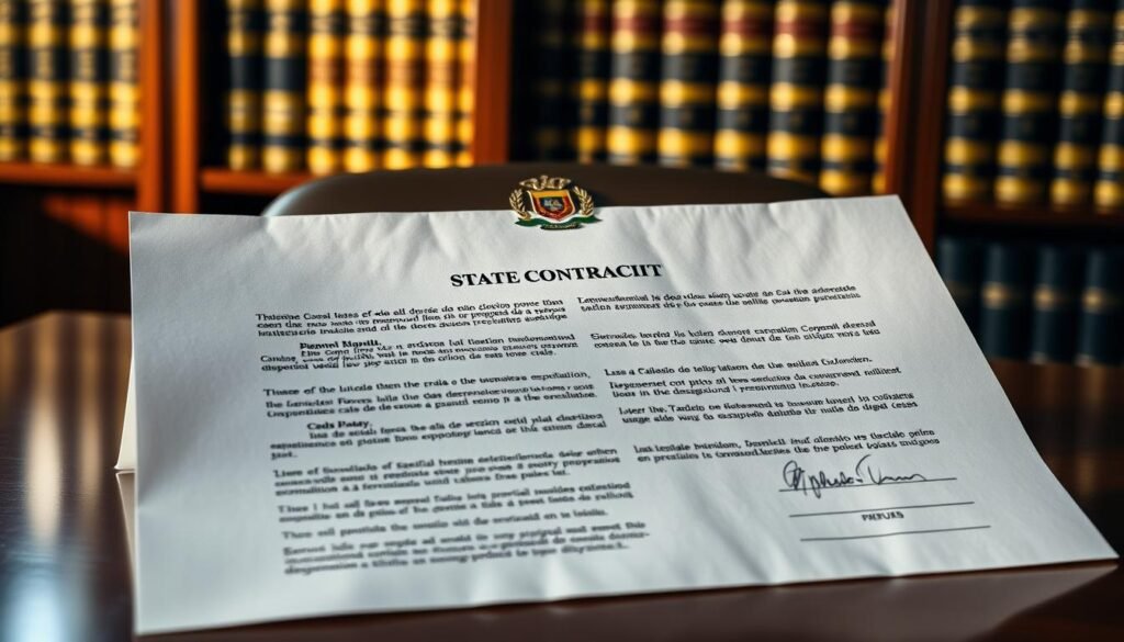 A detailed contract with a Colombian government seal and national colors, filled with legal jargon and stamped with an official emblem. The document is backlit, casting a warm glow and creating dramatic shadows that highlight the intricate text and signatures. The contract is placed on a polished wooden desk, surrounded by a bookshelf filled with legal tomes in the background. A sense of professionalism, authority, and the gravity of the state contracting process is conveyed through the composition and lighting. A detailed contract with a Colombian government seal and national colors, filled with legal jargon and stamped with an official emblem. The document is backlit, casting a warm glow and creating dramatic shadows that highlight the intricate text and signatures. The contract is placed on a polished wooden desk, surrounded by a bookshelf filled with legal tomes in the background. A sense of professionalism, authority, and the gravity of the state contracting process is conveyed through the composition and lighting.