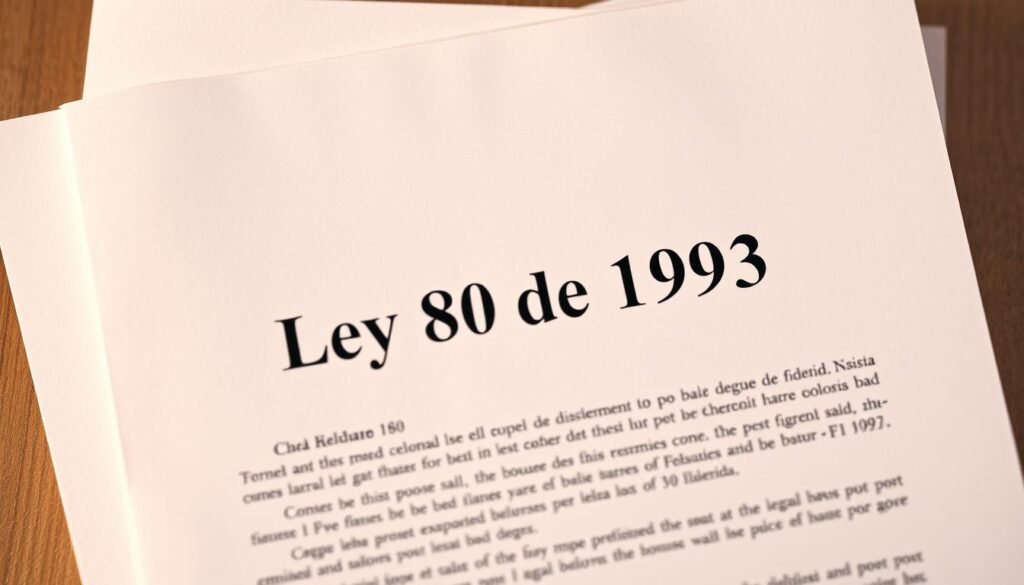 A detailed document covered in a soft, warm light, featuring the title "Ley 80 de 1993" prominently displayed in a classic serif font. The pages are crisp and well-organized, hinting at the legal expertise and meticulous planning within. The background is a muted, professional palette, allowing the focus to remain on the central document. The overall mood is one of authority, reliability, and attention to detail - qualities essential for navigating the legal landscape of Colombian business contracting. A detailed document covered in a soft, warm light, featuring the title "Ley 80 de 1993" prominently displayed in a classic serif font. The pages are crisp and well-organized, hinting at the legal expertise and meticulous planning within. The background is a muted, professional palette, allowing the focus to remain on the central document. The overall mood is one of authority, reliability, and attention to detail - qualities essential for navigating the legal landscape of Colombian business contracting.