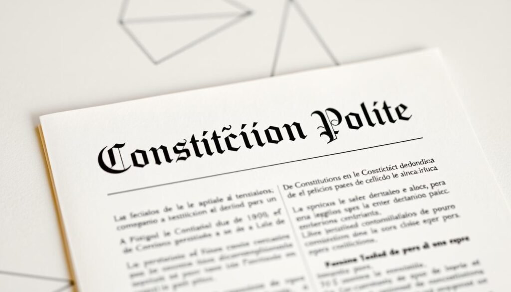 A detailed, high-resolution image of the "Constitución Política" document, presented in a clean, professional manner. The document should be displayed in the foreground, with a soft, warm lighting illuminating the text and textures. The background should feature a subtle, elegant pattern or texture that complements the legal theme, such as a faint grid or a minimalist geometric design. The overall composition should convey a sense of authority, stability, and the foundational importance of the Constitution in the legal system. A detailed, high-resolution image of the "Constitución Política" document, presented in a clean, professional manner. The document should be displayed in the foreground, with a soft, warm lighting illuminating the text and textures. The background should feature a subtle, elegant pattern or texture that complements the legal theme, such as a faint grid or a minimalist geometric design. The overall composition should convey a sense of authority, stability, and the foundational importance of the Constitution in the legal system.