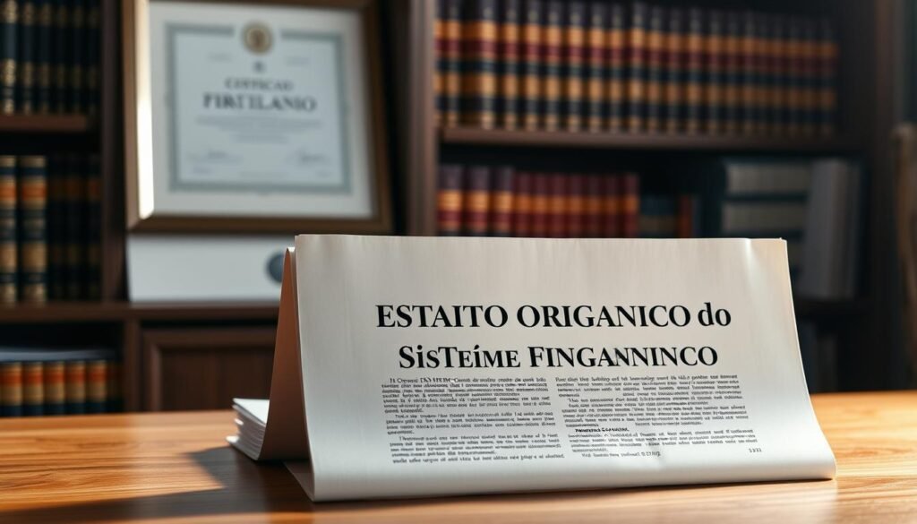 A detailed, high-resolution legal document titled "Estatuto Orgánico del Sistema Financiero" sits prominently on a wooden desk, illuminated by soft, directional lighting. The document's pages are crisp and neatly organized, conveying a sense of authority and importance. In the background, a bookshelf filled with law books and a framed certificate symbolize the legal framework and expertise required to understand this foundational financial regulation. The overall atmosphere is one of professionalism, precision, and the gravity of the subject matter. A detailed, high-resolution legal document titled "Estatuto Orgánico del Sistema Financiero" sits prominently on a wooden desk, illuminated by soft, directional lighting. The document's pages are crisp and neatly organized, conveying a sense of authority and importance. In the background, a bookshelf filled with law books and a framed certificate symbolize the legal framework and expertise required to understand this foundational financial regulation. The overall atmosphere is one of professionalism, precision, and the gravity of the subject matter.