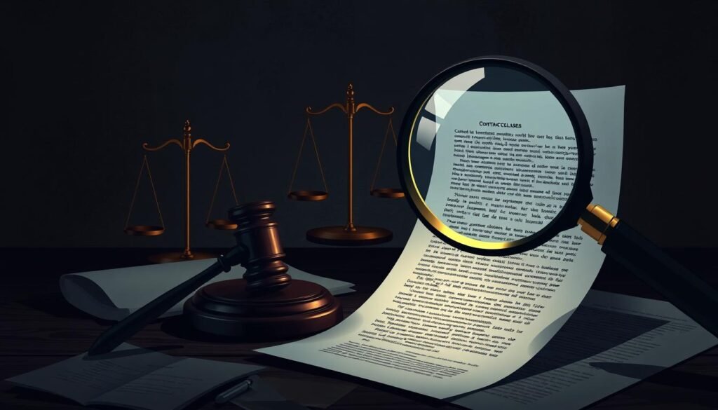 A detailed illustration of "cláusulas excepcionales" in the legal sphere, showcasing a stylized representation of contract clauses, penalties, and specialized contractual terms. The scene depicts a dimly lit, pensive atmosphere, with muted tones and a sense of gravity. In the foreground, a magnifying glass examines intricate legal documents, their pages illuminated by soft, directional lighting. In the middle ground, a gavel and scales of justice symbolize the weight and authority of these contractual provisions. The background features a subtly textured backdrop, hinting at the complex legal landscape in which these "cláusulas excepcionales" operate. The overall composition conveys the importance and nuanced nature of these specialized contractual elements. A detailed illustration of "cláusulas excepcionales" in the legal sphere, showcasing a stylized representation of contract clauses, penalties, and specialized contractual terms. The scene depicts a dimly lit, pensive atmosphere, with muted tones and a sense of gravity. In the foreground, a magnifying glass examines intricate legal documents, their pages illuminated by soft, directional lighting. In the middle ground, a gavel and scales of justice symbolize the weight and authority of these contractual provisions. The background features a subtly textured backdrop, hinting at the complex legal landscape in which these "cláusulas excepcionales" operate. The overall composition conveys the importance and nuanced nature of these specialized contractual elements.