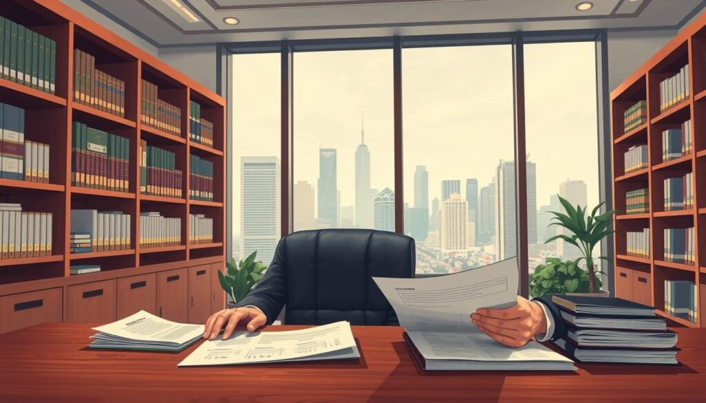 A detailed illustration of "gestión fiscal" against a backdrop of a professional-looking office setting. In the foreground, a serious-looking financial advisor in a suit is carefully reviewing financial documents and ledgers on a mahogany desk, conveying a sense of meticulous fiscal responsibility. The middle ground features shelves lined with accounting books and files, hinting at the depth of knowledge and expertise required for effective fiscal management. In the background, large windows offer a view of a bustling city skyline, emphasizing the real-world impact and scope of fiscal administration. The overall atmosphere is one of expertise, diligence, and the gravity of financial oversight, illuminated by warm, directional lighting that casts a professional glow on the scene. A detailed illustration of "gestión fiscal" against a backdrop of a professional-looking office setting. In the foreground, a serious-looking financial advisor in a suit is carefully reviewing financial documents and ledgers on a mahogany desk, conveying a sense of meticulous fiscal responsibility. The middle ground features shelves lined with accounting books and files, hinting at the depth of knowledge and expertise required for effective fiscal management. In the background, large windows offer a view of a bustling city skyline, emphasizing the real-world impact and scope of fiscal administration. The overall atmosphere is one of expertise, diligence, and the gravity of financial oversight, illuminated by warm, directional lighting that casts a professional glow on the scene.