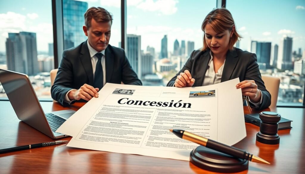A detailed legal contract with "Concesión" (Concession) prominently displayed in the center, surrounded by a professional business setting. The contract is being carefully reviewed by two lawyers in suits, with a desk, laptop, and other office accessories in the middle ground. In the background, a city skyline with modern high-rise buildings is visible through large windows, conveying a sense of urban professionalism and expertise. The lighting is warm and natural, creating a professional and authoritative atmosphere. The composition emphasizes the significance of the legal contract and the consultative process involved in providing specialized services related to road concession agreements. A detailed legal contract with "Concesión" (Concession) prominently displayed in the center, surrounded by a professional business setting. The contract is being carefully reviewed by two lawyers in suits, with a desk, laptop, and other office accessories in the middle ground. In the background, a city skyline with modern high-rise buildings is visible through large windows, conveying a sense of urban professionalism and expertise. The lighting is warm and natural, creating a professional and authoritative atmosphere. The composition emphasizes the significance of the legal contract and the consultative process involved in providing specialized services related to road concession agreements.