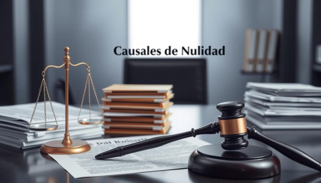 A detailed legal document with the heading "Causales de Nulidad" prominently displayed, surrounded by a clean and minimalistic layout. In the foreground, a gavel and scales of justice symbolize the judicial process, while the middle ground features stacks of legal files and a sleek, modern office desk. The background blurs into a dimly lit room, emphasizing the seriousness and gravity of the subject matter. The overall composition conveys a sense of professionalism, authority, and the importance of understanding the grounds for the nullity of administrative acts in the Colombian legal system. A detailed legal document with the heading "Causales de Nulidad" prominently displayed, surrounded by a clean and minimalistic layout. In the foreground, a gavel and scales of justice symbolize the judicial process, while the middle ground features stacks of legal files and a sleek, modern office desk. The background blurs into a dimly lit room, emphasizing the seriousness and gravity of the subject matter. The overall composition conveys a sense of professionalism, authority, and the importance of understanding the grounds for the nullity of administrative acts in the Colombian legal system.