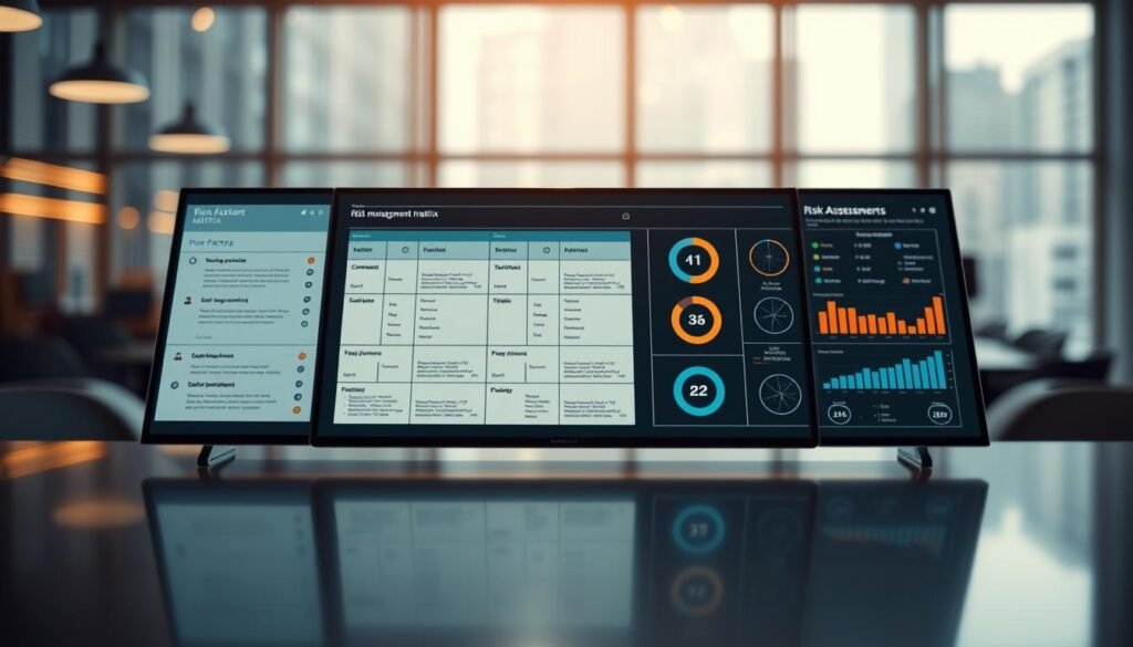A detailed, professional risk management matrix system presented on a sleek, modern desk. In the foreground, a clean, minimalist interface displays various risk factors and assessment metrics, with clear data visualizations and interactive elements. The middle ground features a subtle, reflective surface, creating depth and dimension. In the background, a blurred, out-of-focus cityscape or corporate office setting conveys a sense of the broader organizational context. Warm, neutral lighting casts a subtle glow, and the overall composition is balanced, elegant, and designed to clearly communicate the risk assessment framework. A detailed, professional risk management matrix system presented on a sleek, modern desk. In the foreground, a clean, minimalist interface displays various risk factors and assessment metrics, with clear data visualizations and interactive elements. The middle ground features a subtle, reflective surface, creating depth and dimension. In the background, a blurred, out-of-focus cityscape or corporate office setting conveys a sense of the broader organizational context. Warm, neutral lighting casts a subtle glow, and the overall composition is balanced, elegant, and designed to clearly communicate the risk assessment framework.