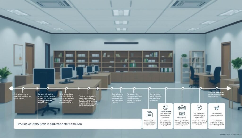 A detailed technical illustration depicting the timeline of the adjudication process in Colombian state procurement under Ley 80/1993. The foreground features a central timeline with clearly marked stages, from the initial call for bids to the final award announcement. The middle ground showcases icons and infographic elements highlighting the key phases, such as the licitación process. The background provides a subtle, professional administrative setting with office furniture, shelving, and architectural details. The lighting is crisp and evenly distributed, with a cool, formal color palette to convey the official nature of the subject matter. The overall composition is clean, legible, and designed to effectively communicate the nuanced chronology of the adjudication timeline. A detailed technical illustration depicting the timeline of the adjudication process in Colombian state procurement under Ley 80/1993. The foreground features a central timeline with clearly marked stages, from the initial call for bids to the final award announcement. The middle ground showcases icons and infographic elements highlighting the key phases, such as the licitación process. The background provides a subtle, professional administrative setting with office furniture, shelving, and architectural details. The lighting is crisp and evenly distributed, with a cool, formal color palette to convey the official nature of the subject matter. The overall composition is clean, legible, and designed to effectively communicate the nuanced chronology of the adjudication timeline.