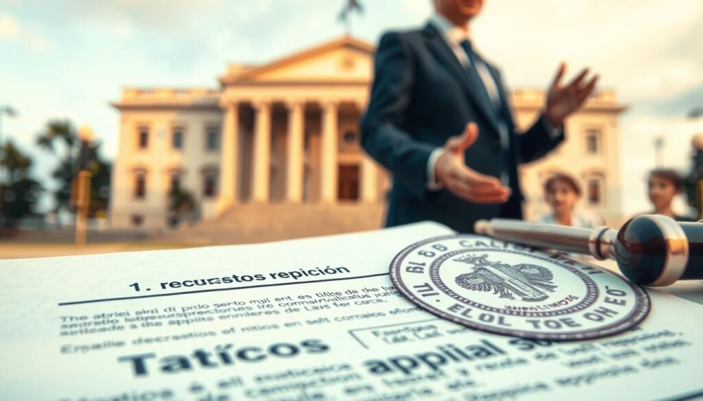 A detailed, technical illustration of "recursos reposición" in an administrative appeals process. In the foreground, a close-up view of legal documents and stamps, conveying the formal, official nature of the process. In the middle ground, a person in a suit gesturing, engaged in an earnest discussion. In the background, a government building or courthouse, suggesting the institutional setting. Soft, warm lighting casts a solemn, authoritative atmosphere. Crisp, high-resolution rendering with a photorealistic aesthetic, captured with a tilt-shift lens to draw the viewer's focus. A detailed, technical illustration of "recursos reposición" in an administrative appeals process. In the foreground, a close-up view of legal documents and stamps, conveying the formal, official nature of the process. In the middle ground, a person in a suit gesturing, engaged in an earnest discussion. In the background, a government building or courthouse, suggesting the institutional setting. Soft, warm lighting casts a solemn, authoritative atmosphere. Crisp, high-resolution rendering with a photorealistic aesthetic, captured with a tilt-shift lens to draw the viewer's focus.