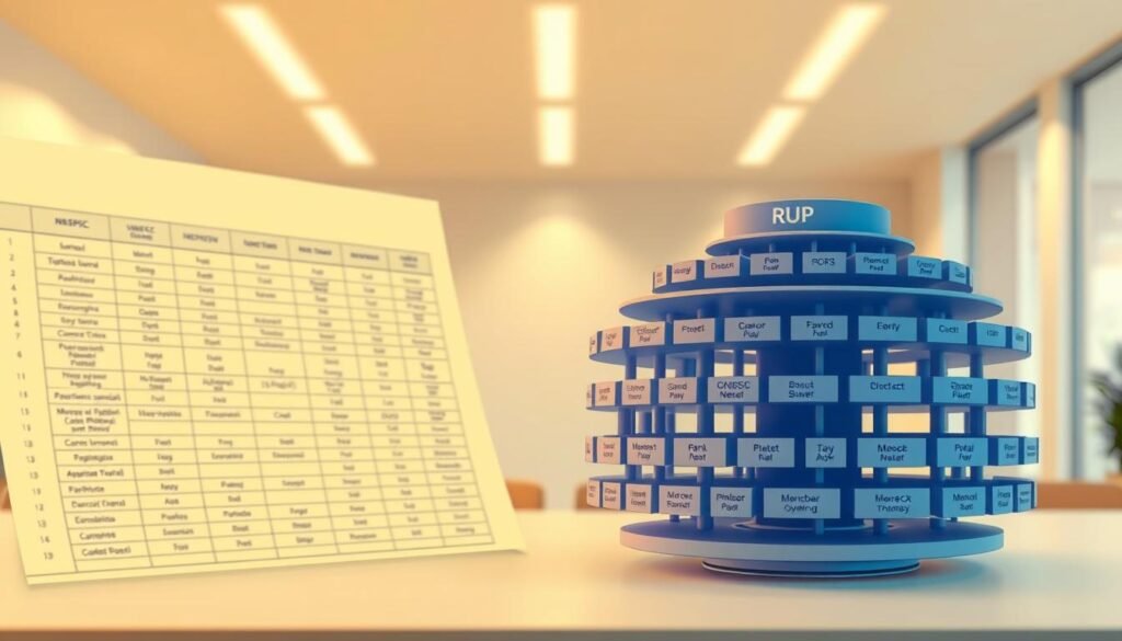 A detailed, technical illustration of the UNSPSC (United Nations Standard Products and Services Code) classification system, used in Colombian state contracting. In the foreground, a neatly organized spreadsheet displays the main UNSPSC code categories, with clear icons and descriptive labels. In the middle ground, a three-dimensional model of the RUP (Registro Único de Proponentes) database system rotates, showcasing its nested, hierarchical structure. The background features a clean, minimalist office environment with warm, directional lighting, creating a professional, informative atmosphere. A detailed, technical illustration of the UNSPSC (United Nations Standard Products and Services Code) classification system, used in Colombian state contracting. In the foreground, a neatly organized spreadsheet displays the main UNSPSC code categories, with clear icons and descriptive labels. In the middle ground, a three-dimensional model of the RUP (Registro Único de Proponentes) database system rotates, showcasing its nested, hierarchical structure. The background features a clean, minimalist office environment with warm, directional lighting, creating a professional, informative atmosphere.