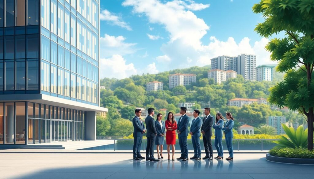 A detailed, well-lit architectural illustration showcasing the "consorcio unión temporal" concept. In the foreground, a modern corporate building with a sleek, glass facade, conveying a sense of unity, collaboration, and professionalism. In the middle ground, a group of individuals in business attire, representing the diverse stakeholders involved in the consorcio unión temporal. The background features a Colombian cityscape, with lush greenery and vibrant colors, symbolizing the local context. The overall composition emphasizes the harmonious partnership and integration required for a successful consorcio unión temporal initiative. The lighting is soft and warm, creating a welcoming, professional atmosphere. A detailed, well-lit architectural illustration showcasing the "consorcio unión temporal" concept. In the foreground, a modern corporate building with a sleek, glass facade, conveying a sense of unity, collaboration, and professionalism. In the middle ground, a group of individuals in business attire, representing the diverse stakeholders involved in the consorcio unión temporal. The background features a Colombian cityscape, with lush greenery and vibrant colors, symbolizing the local context. The overall composition emphasizes the harmonious partnership and integration required for a successful consorcio unión temporal initiative. The lighting is soft and warm, creating a welcoming, professional atmosphere.