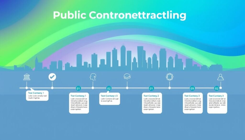 A digital illustration depicting the timeline process of public contracting in Colombia. In the foreground, a series of interconnected steps and milestones are visualized as icons and infographic elements. The middle ground showcases a city skyline, suggesting the municipal or government context. The background features a vibrant, abstract gradient, creating a sense of depth and dynamism. The illustration utilizes a clean, modern aesthetic with a color palette of blues, greens, and grays, reflecting the professional and technical nature of the subject matter. The overall composition conveys the structured, sequential nature of the public contracting timeline in a visually engaging and informative manner. A digital illustration depicting the timeline process of public contracting in Colombia. In the foreground, a series of interconnected steps and milestones are visualized as icons and infographic elements. The middle ground showcases a city skyline, suggesting the municipal or government context. The background features a vibrant, abstract gradient, creating a sense of depth and dynamism. The illustration utilizes a clean, modern aesthetic with a color palette of blues, greens, and grays, reflecting the professional and technical nature of the subject matter. The overall composition conveys the structured, sequential nature of the public contracting timeline in a visually engaging and informative manner.