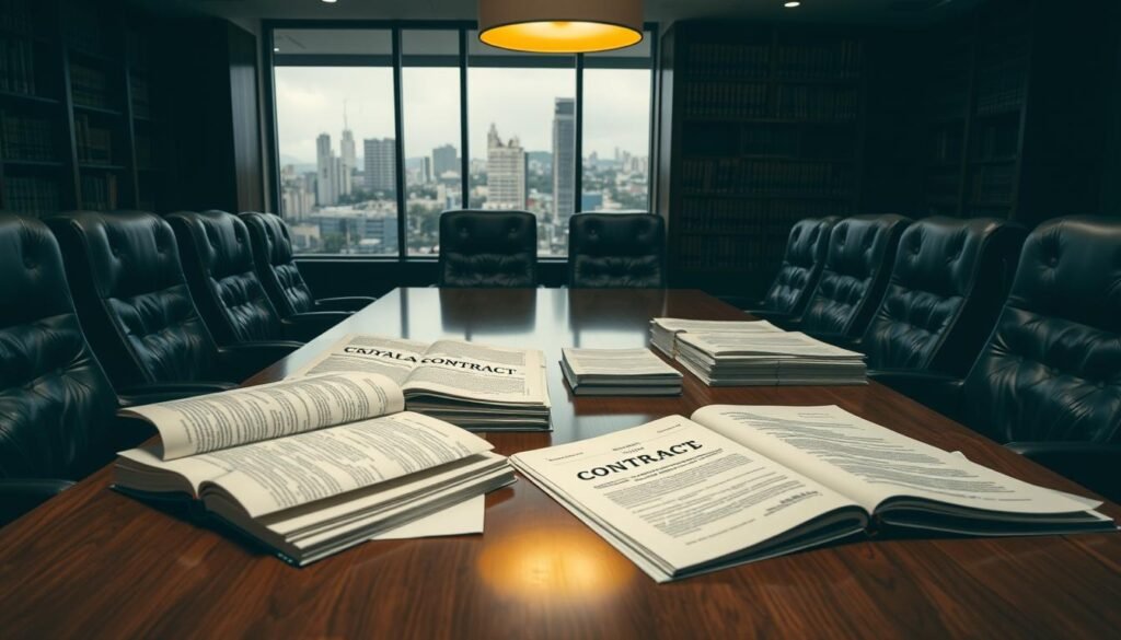 A dimly lit conference room with a large wooden table and high-backed leather chairs. On the table, various types of legal contracts are neatly stacked, their pages open to reveal the intricate details of construction and service agreements. The room is illuminated by warm, indirect lighting, casting a soft glow on the documents. In the background, a bookshelf filled with law books and a large window overlooking the bustling city of Bogotá, Colombia. The atmosphere is professional and authoritative, reflecting the gravity of the legal matters at hand. A dimly lit conference room with a large wooden table and high-backed leather chairs. On the table, various types of legal contracts are neatly stacked, their pages open to reveal the intricate details of construction and service agreements. The room is illuminated by warm, indirect lighting, casting a soft glow on the documents. In the background, a bookshelf filled with law books and a large window overlooking the bustling city of Bogotá, Colombia. The atmosphere is professional and authoritative, reflecting the gravity of the legal matters at hand.