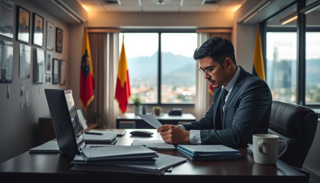 A dimly lit corporate office, the walls adorned with Colombian flags and legal documents. In the foreground, a desk with a laptop, piles of paperwork, and a mug of Colombian coffee. In the middle ground, a well-dressed professional examining a contract, their face half-illuminated by the soft glow of the screen. The background reveals a panoramic view of the Andes mountains, hinting at the broader regulatory landscape shaping public procurement in Colombia. The scene conveys a sense of diligence, attention to detail, and the complexity of navigating compliance in the Colombian business environment. A dimly lit corporate office, the walls adorned with Colombian flags and legal documents. In the foreground, a desk with a laptop, piles of paperwork, and a mug of Colombian coffee. In the middle ground, a well-dressed professional examining a contract, their face half-illuminated by the soft glow of the screen. The background reveals a panoramic view of the Andes mountains, hinting at the broader regulatory landscape shaping public procurement in Colombia. The scene conveys a sense of diligence, attention to detail, and the complexity of navigating compliance in the Colombian business environment.