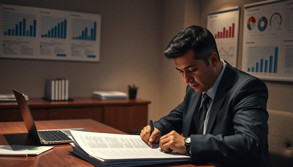 A dimly lit corporate office with a wooden desk, a laptop, and a stack of documents. In the foreground, a person in a suit is intently studying a risk assessment report, brow furrowed in concentration. The walls are adorned with graphs and charts, providing visual cues for the complex process of public procurement risk assessment in Colombia. Soft, warm lighting casts a serious, contemplative mood, emphasizing the importance of the task at hand. The scene conveys the gravity and diligence required in addressing the nuances of fiscal responsibility and accountability in government contracts. A dimly lit corporate office with a wooden desk, a laptop, and a stack of documents. In the foreground, a person in a suit is intently studying a risk assessment report, brow furrowed in concentration. The walls are adorned with graphs and charts, providing visual cues for the complex process of public procurement risk assessment in Colombia. Soft, warm lighting casts a serious, contemplative mood, emphasizing the importance of the task at hand. The scene conveys the gravity and diligence required in addressing the nuances of fiscal responsibility and accountability in government contracts.