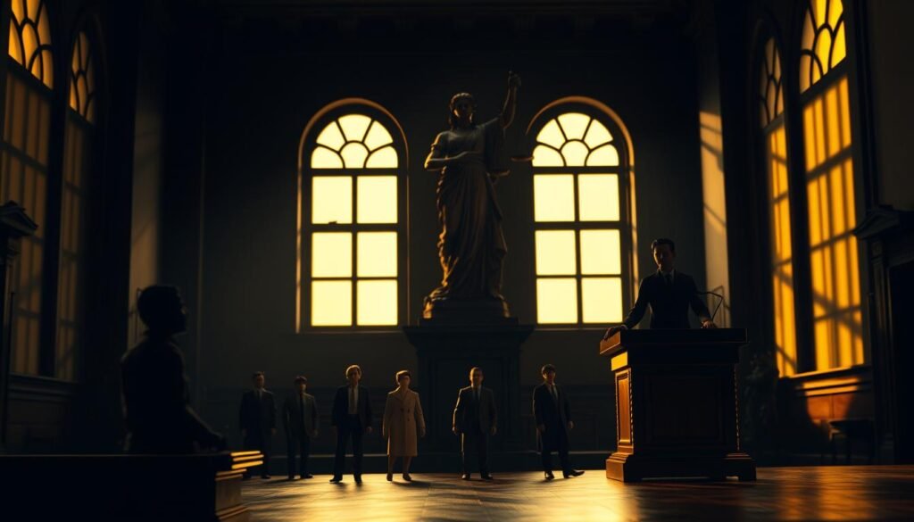 A dimly lit courtroom scene with a judge's podium in the foreground, illuminated by a warm, golden light. In the background, a towering statue of Lady Justice stands watch, her scales balanced and blindfold in place. Shadows cast by the high arched windows create a sense of solemnity and gravity. Figures of third-party stakeholders, representing diverse interests, are positioned in the middle ground, their expressions pensive as they observe the proceedings. The overall atmosphere conveys the weight and complexity of the "Sentencia C-207 de 2019" ruling, with its implications for contract nullity, good faith restitutions, and the protection of third parties. A dimly lit courtroom scene with a judge's podium in the foreground, illuminated by a warm, golden light. In the background, a towering statue of Lady Justice stands watch, her scales balanced and blindfold in place. Shadows cast by the high arched windows create a sense of solemnity and gravity. Figures of third-party stakeholders, representing diverse interests, are positioned in the middle ground, their expressions pensive as they observe the proceedings. The overall atmosphere conveys the weight and complexity of the "Sentencia C-207 de 2019" ruling, with its implications for contract nullity, good faith restitutions, and the protection of third parties.