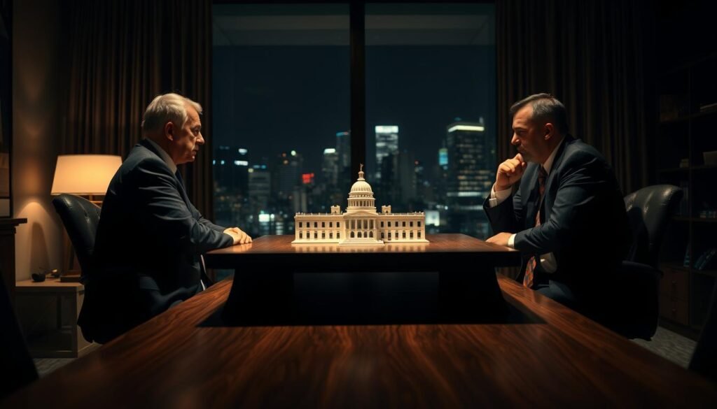 A dimly lit office interior, the scene suggests a conflict of interest and the need for impartiality. In the foreground, two businessmen sit across a large oak desk, their body language tense and confrontational. A scale model of a government building stands between them, symbolizing the state contracting process. In the background, a window overlooking the cityscape casts a soft glow, creating an atmosphere of high-stakes decision making. The lighting is dramatic, with shadows pooling around the figures, emphasizing the gravity of the situation. The angle is slightly elevated, creating a sense of detachment and objectivity, as if the viewer is an impartial observer. The overall mood is one of unease and the need for clear, ethical guardrails. A dimly lit office interior, the scene suggests a conflict of interest and the need for impartiality. In the foreground, two businessmen sit across a large oak desk, their body language tense and confrontational. A scale model of a government building stands between them, symbolizing the state contracting process. In the background, a window overlooking the cityscape casts a soft glow, creating an atmosphere of high-stakes decision making. The lighting is dramatic, with shadows pooling around the figures, emphasizing the gravity of the situation. The angle is slightly elevated, creating a sense of detachment and objectivity, as if the viewer is an impartial observer. The overall mood is one of unease and the need for clear, ethical guardrails.