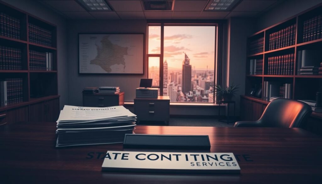 A dimly lit office interior, with a large wooden desk in the foreground. On the desk, a stack of official-looking documents, a computer monitor, and a name plate that reads "State Contracting Services". In the middle ground, a filing cabinet and a wall-mounted map of Colombia, highlighting key regions. The background features shelves filled with legal tomes and a window overlooking a bustling city skyline, bathed in the warm glow of sunset. The overall atmosphere conveys a sense of professionalism, authority, and attention to detail in the realm of state contracting and sanctioning processes. A dimly lit office interior, with a large wooden desk in the foreground. On the desk, a stack of official-looking documents, a computer monitor, and a name plate that reads "State Contracting Services". In the middle ground, a filing cabinet and a wall-mounted map of Colombia, highlighting key regions. The background features shelves filled with legal tomes and a window overlooking a bustling city skyline, bathed in the warm glow of sunset. The overall atmosphere conveys a sense of professionalism, authority, and attention to detail in the realm of state contracting and sanctioning processes.