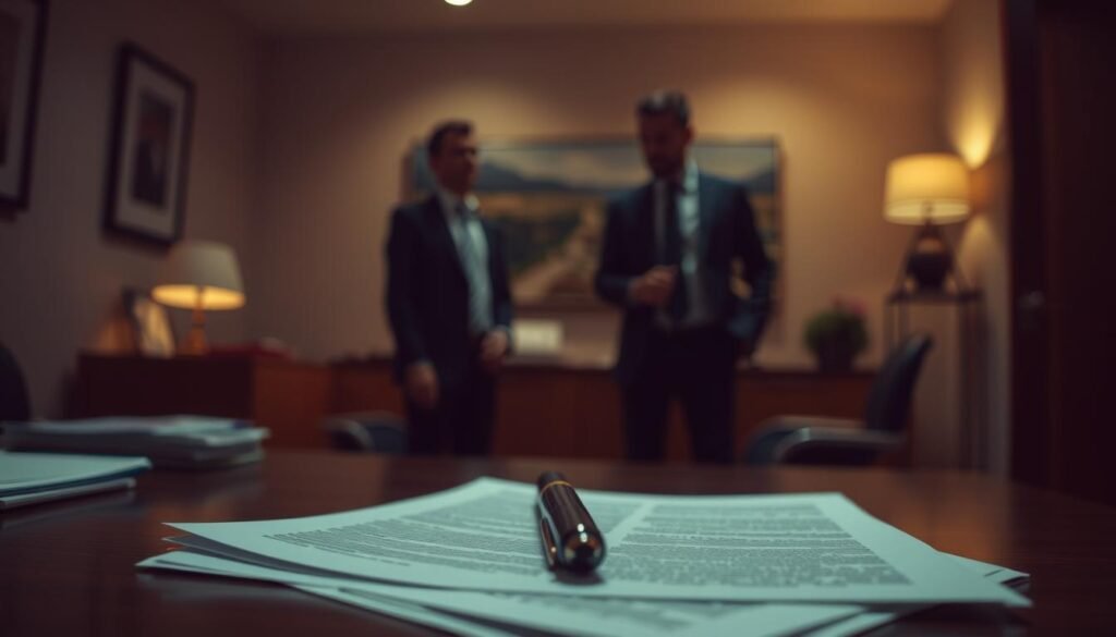 A dimly lit office space, the atmosphere heavy with a sense of finality. In the foreground, a desk adorned with a stack of documents, a pen resting atop, symbolizing the culmination of a contractual agreement. The middle ground features two individuals, one in a suit, the other in formal attire, engaged in a somber discussion, their body language conveying the gravity of the situation. The background is blurred, creating a sense of focus on the central figures and the task at hand - the liquidación, or termination, of a contract. Soft, warm lighting casts a subdued glow, reflecting the seriousness of the moment. The scene evokes a sense of professionalism, closure, and the careful navigation of legal and compliance matters. A dimly lit office space, the atmosphere heavy with a sense of finality. In the foreground, a desk adorned with a stack of documents, a pen resting atop, symbolizing the culmination of a contractual agreement. The middle ground features two individuals, one in a suit, the other in formal attire, engaged in a somber discussion, their body language conveying the gravity of the situation. The background is blurred, creating a sense of focus on the central figures and the task at hand - the liquidación, or termination, of a contract. Soft, warm lighting casts a subdued glow, reflecting the seriousness of the moment. The scene evokes a sense of professionalism, closure, and the careful navigation of legal and compliance matters.