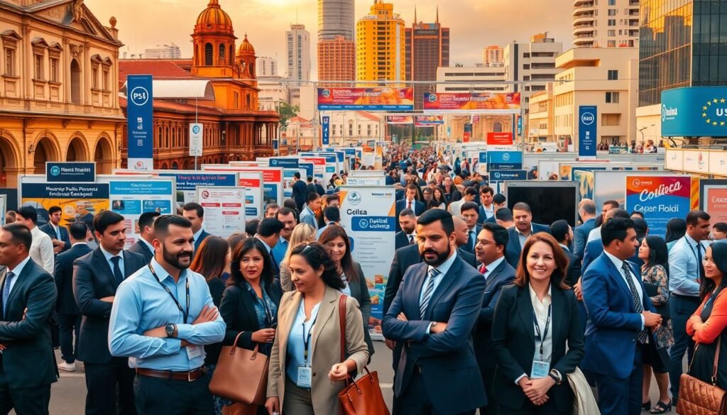 A diverse group of international providers from various industries, standing confidently in a bustling public procurement marketplace in Bogotá, Colombia. The foreground features a range of professional men and women in business attire, engaged in animated discussions and negotiations. The middle ground showcases various signage, banners, and informational displays, providing details about the public bidding process. In the background, the iconic architecture of colonial-era buildings and modern skyscrapers creates a dynamic urban landscape, illuminated by warm, golden-hued lighting that conveys a sense of professionalism and opportunity. A diverse group of international providers from various industries, standing confidently in a bustling public procurement marketplace in Bogotá, Colombia. The foreground features a range of professional men and women in business attire, engaged in animated discussions and negotiations. The middle ground showcases various signage, banners, and informational displays, providing details about the public bidding process. In the background, the iconic architecture of colonial-era buildings and modern skyscrapers creates a dynamic urban landscape, illuminated by warm, golden-hued lighting that conveys a sense of professionalism and opportunity.