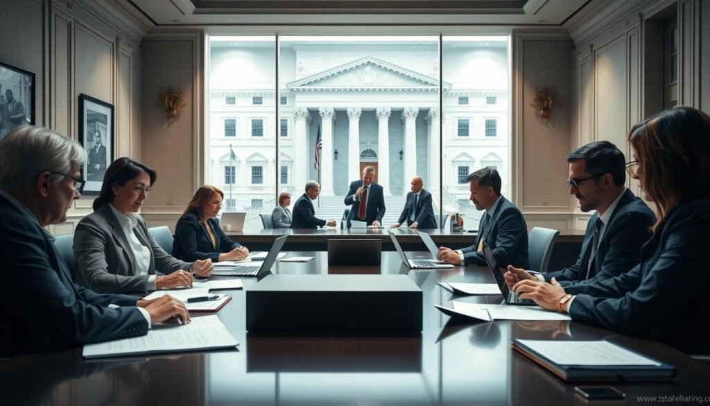 A dynamic and authoritative legal office, with a professional legal team advising on state contracting processes. The foreground features a large conference table with lawyers reviewing documents, using laptops and discussing strategies. The middle ground showcases government officials and procurement officers engaged in negotiations, while the background depicts the imposing facade of a state building, conveying the gravity and importance of the proceedings. Soft, directional lighting illuminates the scene, creating a sense of seriousness and focus. The overall atmosphere evokes a high-stakes, collaborative environment dedicated to ensuring compliance and effective public sector representation. A dynamic and authoritative legal office, with a professional legal team advising on state contracting processes. The foreground features a large conference table with lawyers reviewing documents, using laptops and discussing strategies. The middle ground showcases government officials and procurement officers engaged in negotiations, while the background depicts the imposing facade of a state building, conveying the gravity and importance of the proceedings. Soft, directional lighting illuminates the scene, creating a sense of seriousness and focus. The overall atmosphere evokes a high-stakes, collaborative environment dedicated to ensuring compliance and effective public sector representation.
