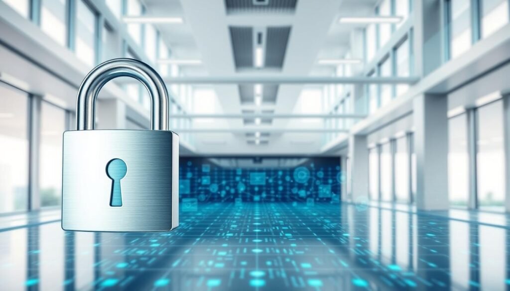A dynamic, vibrant image showcasing the integration of information security within a professional, corporate environment. In the foreground, a stylized padlock icon symbolizes the importance of data protection, its metallic finish reflecting the secure, robust nature of the systems. The mid-ground features a grid-like pattern of digital interfaces, suggesting the complex, interconnected nature of modern information management. In the background, a sleek, minimalist office space with floor-to-ceiling windows provides an airy, well-lit setting, conveying a sense of transparency and trust. Subtle use of blues and grays evokes a sense of reliability and professionalism, while the overall composition balances form and function, highlighting the essential role of information security in maintaining a strong, reputable business. A dynamic, vibrant image showcasing the integration of information security within a professional, corporate environment. In the foreground, a stylized padlock icon symbolizes the importance of data protection, its metallic finish reflecting the secure, robust nature of the systems. The mid-ground features a grid-like pattern of digital interfaces, suggesting the complex, interconnected nature of modern information management. In the background, a sleek, minimalist office space with floor-to-ceiling windows provides an airy, well-lit setting, conveying a sense of transparency and trust. Subtle use of blues and grays evokes a sense of reliability and professionalism, while the overall composition balances form and function, highlighting the essential role of information security in maintaining a strong, reputable business.