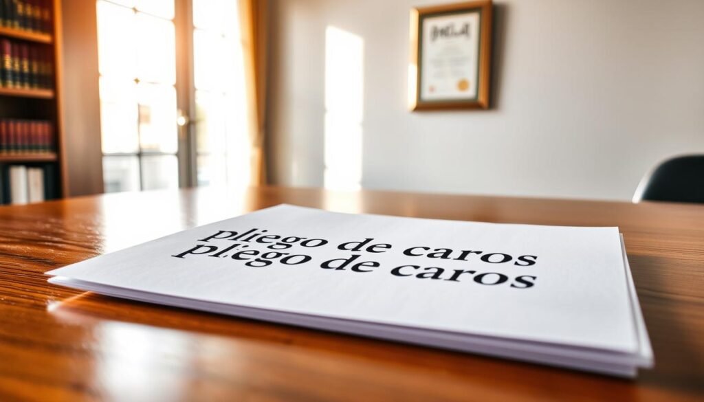 A formal document titled "pliego de cargos" lying on a wooden desk, illuminated by a soft, warm light coming from a nearby window. The document's pages are crisp and neatly organized, conveying a sense of importance and attention to detail. In the background, a bookshelf filled with legal volumes and a framed certificate or diploma hang on the wall, establishing a professional, administrative setting. The overall mood is one of thoughtful contemplation and a focus on addressing the charges or allegations presented in the document. A formal document titled "pliego de cargos" lying on a wooden desk, illuminated by a soft, warm light coming from a nearby window. The document's pages are crisp and neatly organized, conveying a sense of importance and attention to detail. In the background, a bookshelf filled with legal volumes and a framed certificate or diploma hang on the wall, establishing a professional, administrative setting. The overall mood is one of thoughtful contemplation and a focus on addressing the charges or allegations presented in the document.