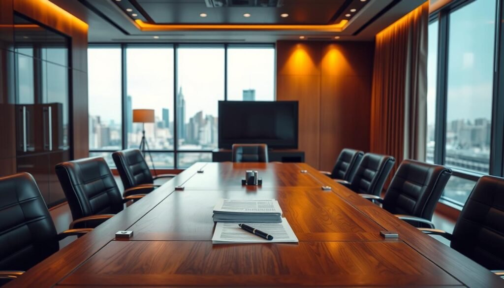 A formal, modern office interior with warm, directional lighting. In the foreground, a large wooden conference table with metal accents dominates the scene. On the table, a stack of papers and a pen, hinting at the "plazo presentar ofertas" (deadline to submit bids) process. The middle ground features high-backed leather chairs surrounding the table, suggesting an important business meeting. In the background, a large window overlooks a city skyline, lending an air of professionalism and authority. The overall mood is one of productivity, attention to detail, and adherence to formality and procedure, reflecting the topic of compliant contract adendas. A formal, modern office interior with warm, directional lighting. In the foreground, a large wooden conference table with metal accents dominates the scene. On the table, a stack of papers and a pen, hinting at the "plazo presentar ofertas" (deadline to submit bids) process. The middle ground features high-backed leather chairs surrounding the table, suggesting an important business meeting. In the background, a large window overlooks a city skyline, lending an air of professionalism and authority. The overall mood is one of productivity, attention to detail, and adherence to formality and procedure, reflecting the topic of compliant contract adendas.