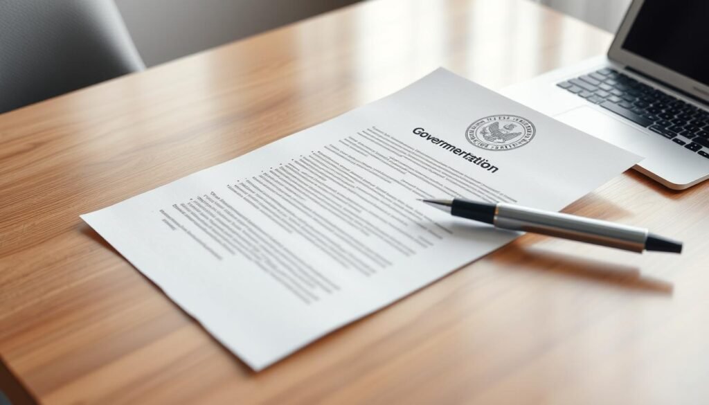 A formal, official-looking document on a sleek, modern desk. The document has a seal or stamp in the top right corner, indicating its administrative nature. The desk is made of polished wood, with a neatly organized array of writing implements and a laptop or tablet. The lighting is soft and indirect, creating a professional, authoritative atmosphere. The background is slightly blurred, drawing the viewer's attention to the document and the desk accessories. The overall scene conveys a sense of government bureaucracy, compliance, and administrative procedures. A formal, official-looking document on a sleek, modern desk. The document has a seal or stamp in the top right corner, indicating its administrative nature. The desk is made of polished wood, with a neatly organized array of writing implements and a laptop or tablet. The lighting is soft and indirect, creating a professional, authoritative atmosphere. The background is slightly blurred, drawing the viewer's attention to the document and the desk accessories. The overall scene conveys a sense of government bureaucracy, compliance, and administrative procedures.