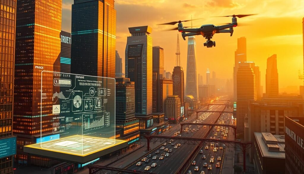 A futuristic cityscape bathed in a warm, golden glow, showcasing a vibrant array of cutting-edge digital technologies. In the foreground, a holographic display emanates from a sleek, minimalist device, casting an array of dynamic data visualizations. The middle ground features towering skyscrapers adorned with shimmering LED facades, their windows reflecting the glow of countless digital screens. In the background, a network of autonomous vehicles navigates the bustling streets, while a drone hovers overhead, capturing the scene with its high-resolution camera. The overall atmosphere conveys a sense of progress, innovation, and the transformative power of digital transformation.