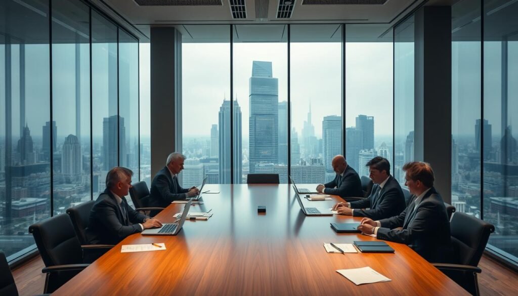 A glass-walled office space, bathed in warm, diffused light from large windows overlooking a bustling city skyline. In the center, a long conference table surrounded by solemn-faced executives, engaged in a somber discussion. The air is heavy with the weight of difficult decisions, as they navigate the complexities of a judicial liquidation process. Paperwork and laptops litter the surface, casting shadows on the polished wood. Outside, the city continues its relentless pace, a reminder that even in the face of adversity, life and business must go on. The mood is one of resolve and professionalism, as these leaders chart the best path forward for their organization. A glass-walled office space, bathed in warm, diffused light from large windows overlooking a bustling city skyline. In the center, a long conference table surrounded by solemn-faced executives, engaged in a somber discussion. The air is heavy with the weight of difficult decisions, as they navigate the complexities of a judicial liquidation process. Paperwork and laptops litter the surface, casting shadows on the polished wood. Outside, the city continues its relentless pace, a reminder that even in the face of adversity, life and business must go on. The mood is one of resolve and professionalism, as these leaders chart the best path forward for their organization.
