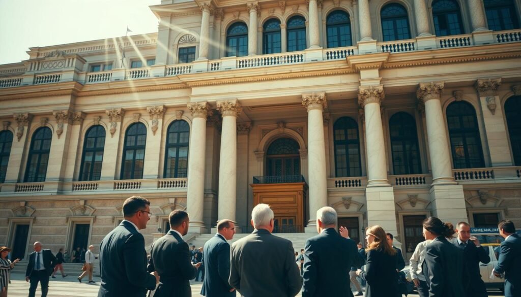 A grand, ornate government building stands proud, its architecture a testament to the principles of administrative function. Sunlight streams through stately windows, casting a warm glow upon the grand marble columns and intricate stonework. In the foreground, a group of officials in formal attire converse, their gestures and expressions conveying the gravity of their administrative duties. The middle ground features a bustling public lobby, where citizens engage with the machinery of government. In the background, a sense of order and efficiency pervades, with neatly organized files and an air of professionalism. This image captures the essence of the principles that govern the administrative function in public procurement, a domain where transparency, accountability, and the public interest converge. A grand, ornate government building stands proud, its architecture a testament to the principles of administrative function. Sunlight streams through stately windows, casting a warm glow upon the grand marble columns and intricate stonework. In the foreground, a group of officials in formal attire converse, their gestures and expressions conveying the gravity of their administrative duties. The middle ground features a bustling public lobby, where citizens engage with the machinery of government. In the background, a sense of order and efficiency pervades, with neatly organized files and an air of professionalism. This image captures the essence of the principles that govern the administrative function in public procurement, a domain where transparency, accountability, and the public interest converge.