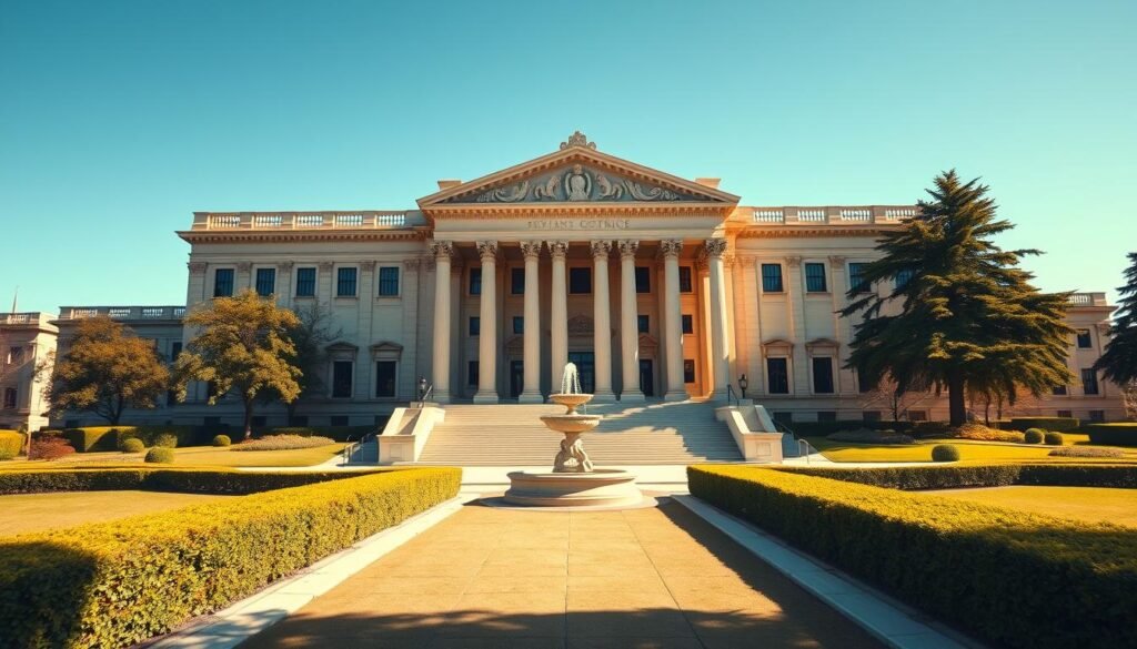 A grand, stately government building with an imposing neoclassical facade, adorned with tall columns and ornate architectural details. The structure stands majestically against a backdrop of a clear, blue sky, its grandeur radiating a sense of authority and public service. In the foreground, a well-manicured, symmetrical garden with neatly trimmed hedges and a central fountain, conveying a sense of order and efficiency. The lighting is warm and diffuse, creating soft shadows that accentuate the building's imposing presence. The overall atmosphere exudes a sense of solemnity, professionalism, and the gravity of the public administration's role in governing. A grand, stately government building with an imposing neoclassical facade, adorned with tall columns and ornate architectural details. The structure stands majestically against a backdrop of a clear, blue sky, its grandeur radiating a sense of authority and public service. In the foreground, a well-manicured, symmetrical garden with neatly trimmed hedges and a central fountain, conveying a sense of order and efficiency. The lighting is warm and diffuse, creating soft shadows that accentuate the building's imposing presence. The overall atmosphere exudes a sense of solemnity, professionalism, and the gravity of the public administration's role in governing.